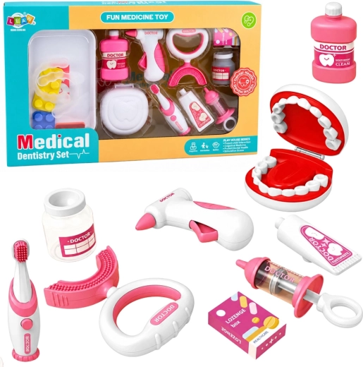 Set infantil de pequeño dentista con cepillo vibratorio rosa, 15 piezas