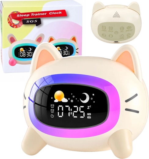 Despertador infantil con lámpara nocturna y entrenador del sueño con forma de gatito