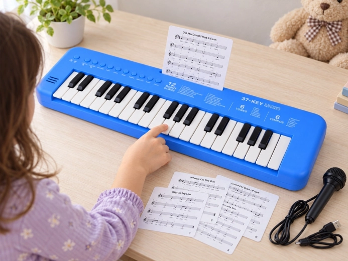 Micrófono y tarjetas con notas incluidos