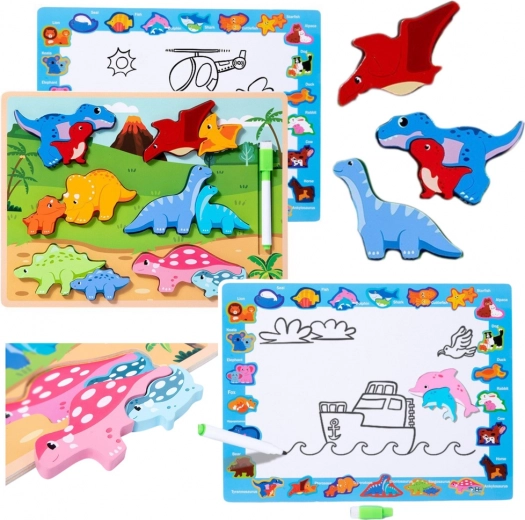 Puzzle educativo de madera de dinosaurios con pizarra de dibujo