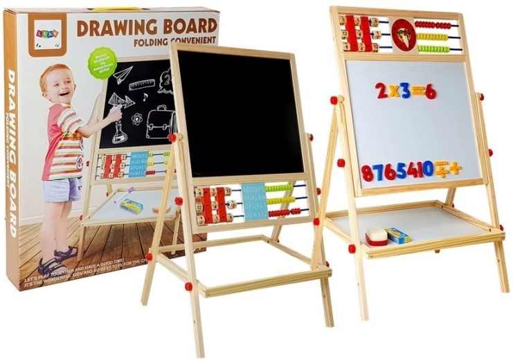 Pizarra infantil de madera giratoria con tiza, ábaco, reloj y números magnéticos
