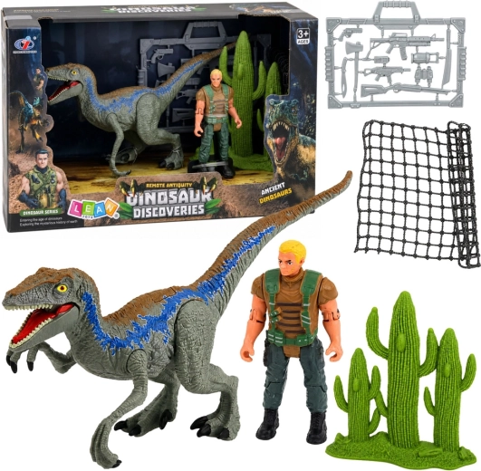 Set de figura de dinosaurio y cazador con extremidades articuladas, red y accesorios - 1 unidad