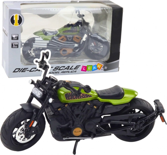 Modelo metálico de chopper 1:12 con luces y sonidos – negro con elementos verdes