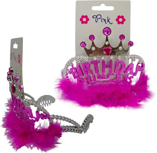 Diadema Happy Birthday con plumas fucsia