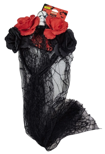 Diadema de Halloween con velo, rosas y calavera - 1 unidad