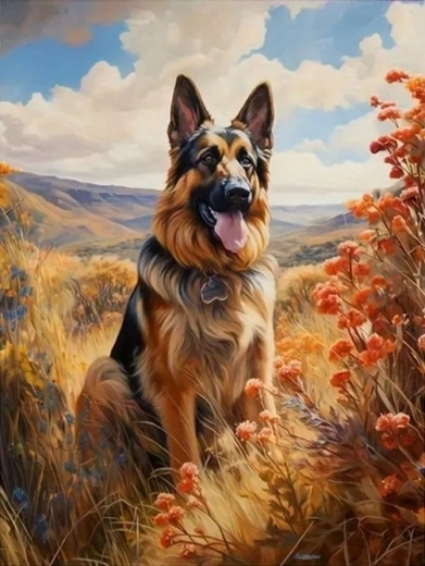 Pintura de diamantes: pastor alemán en las montañas 30 × 40 cm