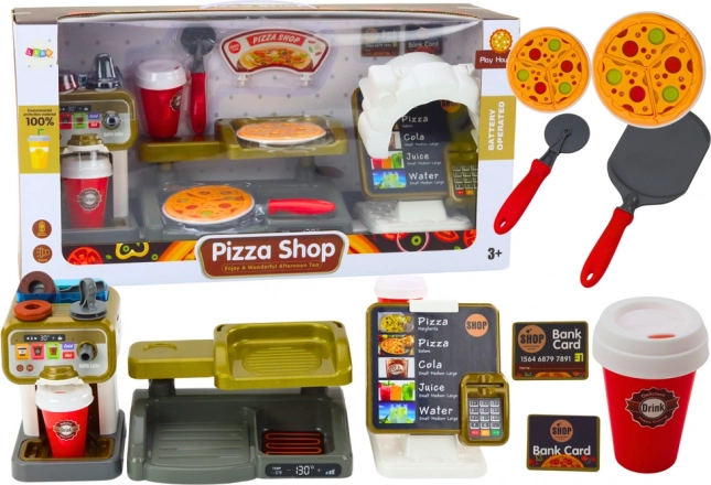 pizzería infantil con set de bebidas y caja registradora