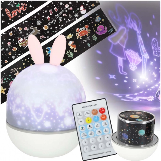 Proyector nocturno de estrellas con orejitas de conejo, USB, control remoto, 6 motivos