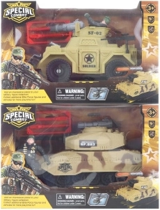 Set militar con vehículo blindado y soldado