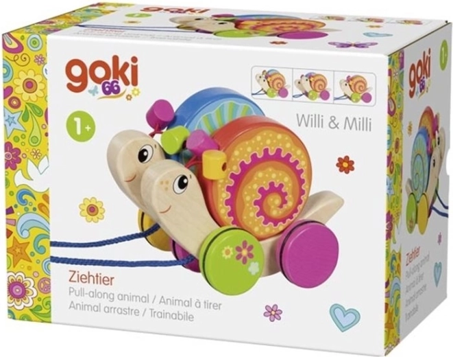 Juguete de arrastre de madera Goki: caracoles Willi y Milli