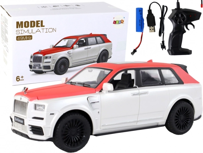 Coche RC 1:20 blanco‑rojo con control remoto
