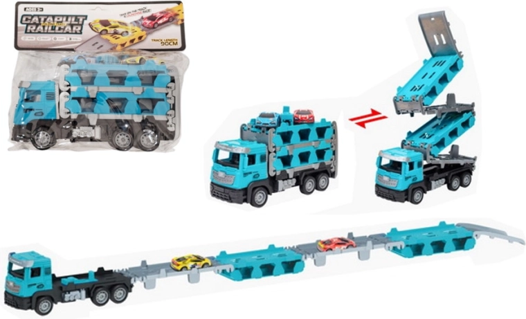 Transportador de coches con pista desplegable – set de camión y 2 cochecitos