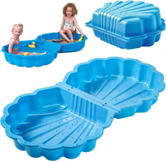 Arenero y piscina con forma de concha 2 en 1, con tapa, base antideslizante, azul