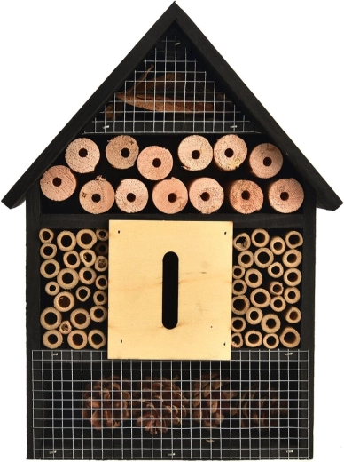 Hotel para insectos de madera natural, negro, 22 × 9 × 30 cm