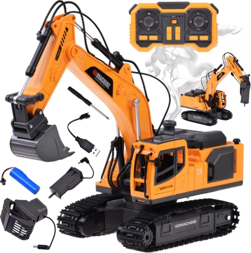 Excavadora de orugas teledirigida con humo, luces y sonido, 3 accesorios - 1 pieza