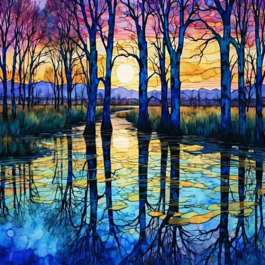 Pintura de diamantes Abedules junto al lago 30 × 40 cm