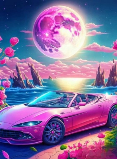 Pintura de diamantes – descapotable en un paraíso rosa 30 × 40 cm