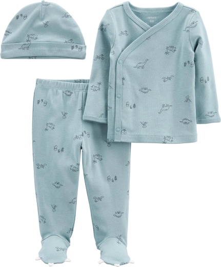Conjunto para bebé de 3 piezas Carter’s Blue Dino – camiseta de manga larga cruzada, polainas con pie y gorro