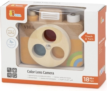 Cámara de fotos de madera con lente de color para niños