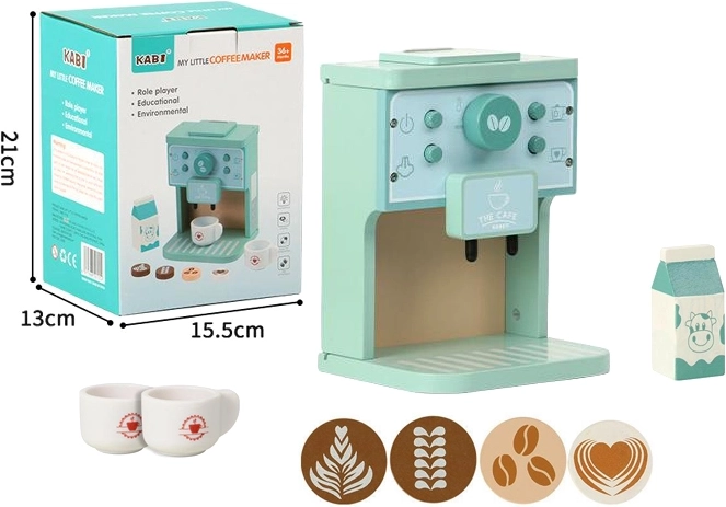 Cafetera de madera con tazas