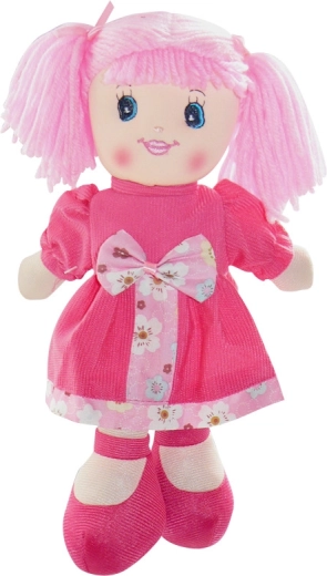 Muñeca de tela de 30 cm con vestido rosa oscuro y lazo