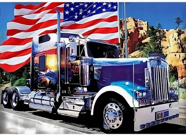 Pintura de diamantes: Coche americano con bandera 30 × 40 cm