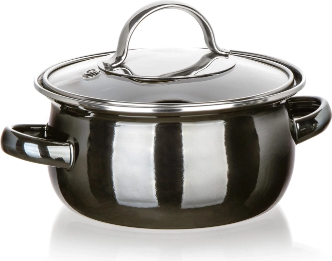 Olla esmaltada con tapa de vidrio 14 cm, 0,7 l, Metallic Black