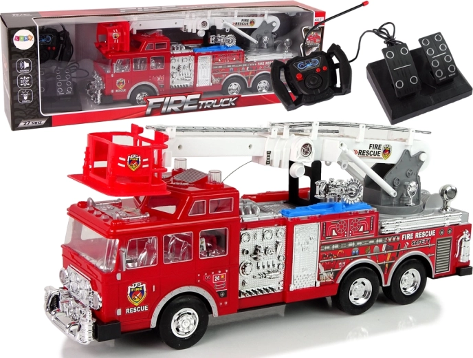 Coche de bomberos RC con pedales de acelerador y freno, luces y sonidos