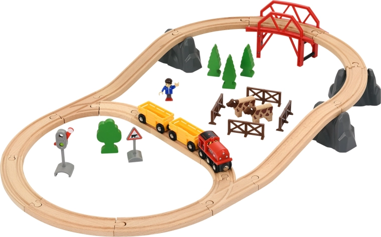 Vía de tren de madera con paisaje rural