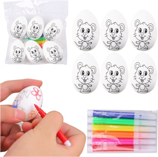 Huevos de Pascua de poliestireno para pintar con rotuladores, motivo de ratoncito, 6 uds.