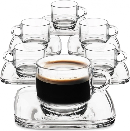 Tazas de espresso de vidrio con platillos cuadrados de 75 ml, set de 6 unidades