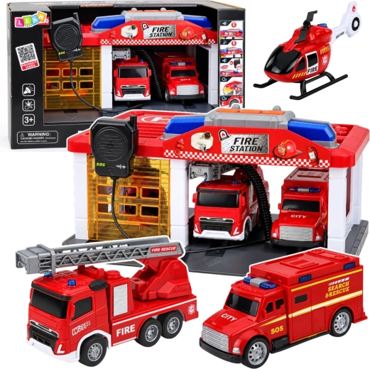 Estación de bomberos con garaje, vehículos, helicóptero y walkie-talkie