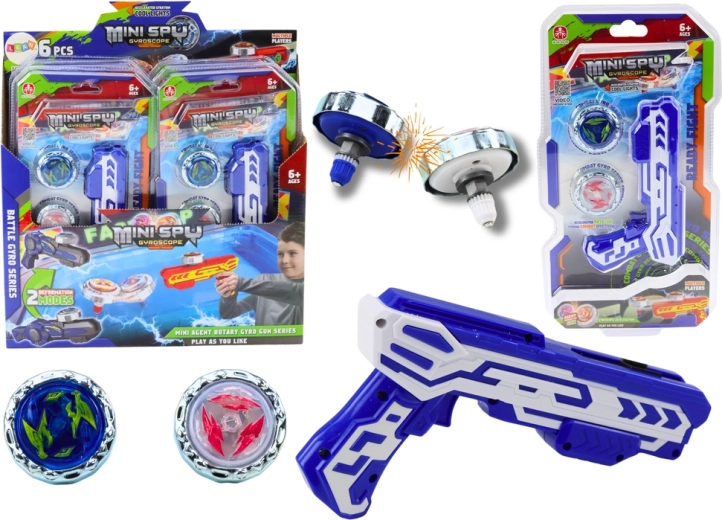 Pistola lanzadiscos con dos discos metálicos con luces, azul