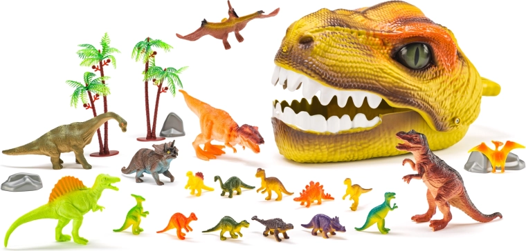 Cabeza de dinosaurio con figuras – set de juego de 25 piezas