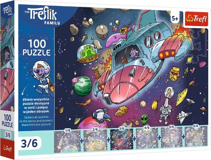 Puzzle Trefl Familia Treflik en el espacio: Gonduś en un cohete – 100 piezas
