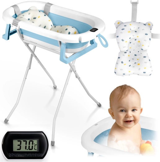 Bañera infantil plegable con soporte, termómetro e inserto – blanco-azul
