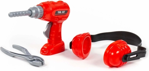 Set infantil de herramientas con taladro, protectores auditivos y alicates