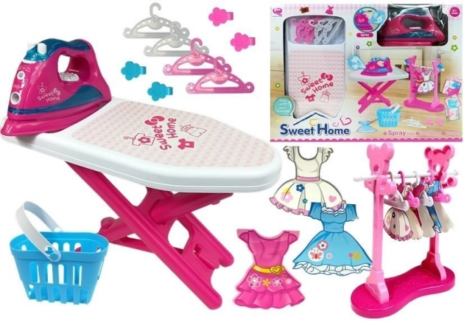 Set rosa de planchado con tabla y perchas