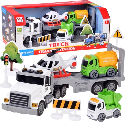 Camión portacoches infantil con helicóptero, volquete, camión hormigonera y accesorios de tráfico