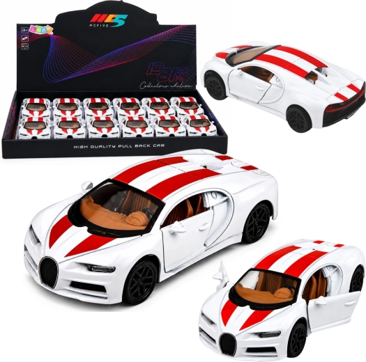 Coche deportivo metálico con marcha atrás pull-back, con luces y sonidos, blanco 1:32