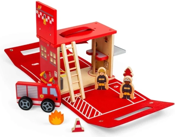 Bigjigs Toys estación de bomberos portátil de madera