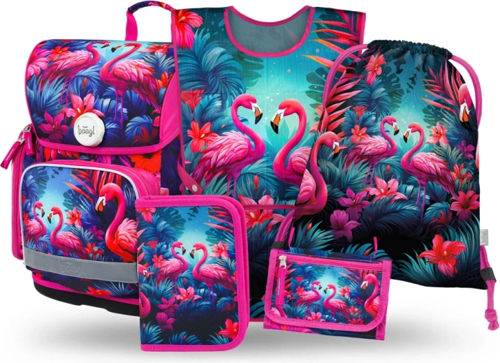 Set escolar BAAGL Ergo Flamencos – cartera escolar, estuche, bolsa, delantal y monedero