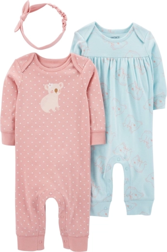 Set de 3 piezas para niña Carter’s: 2 monos y gorrito Pink & Mint, talla 56