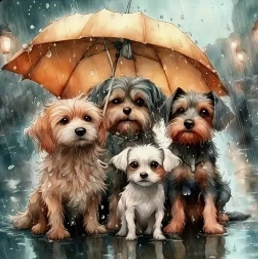 Mosaico de diamantes - Familia de perros bajo el paraguas