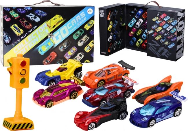 Coches de carreras en maletín con semáforos