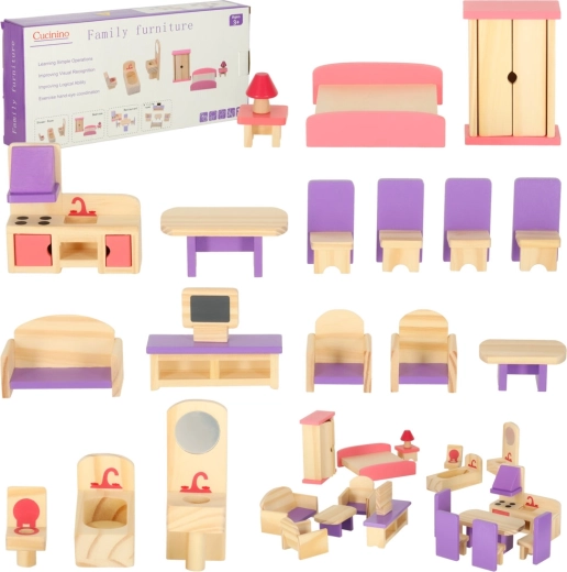 Muebles de madera para casa de muñecas morados, 19 piezas