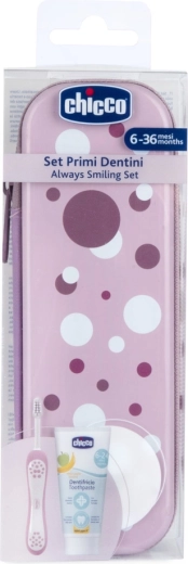 Set de cepillo de dientes y pasta dental Chicco en estuche Always smiling azul claro 6m+