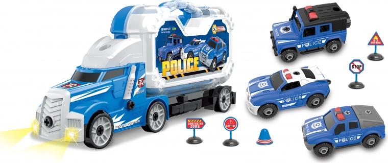 Camión de policía con 3 coches para atornillar con efectos de luz y sonido 42 cm