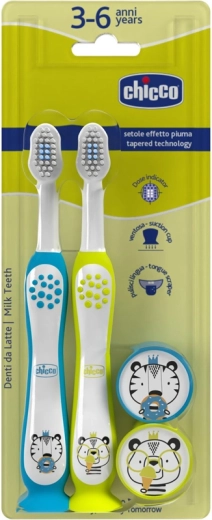 Chicco set de cepillos de dientes infantiles Hippo & Panda 3–6 años, 2 uds.