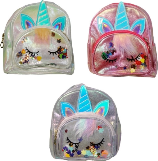 Mochila infantil de unicornio con brillo plateado y aplicaciones 3D